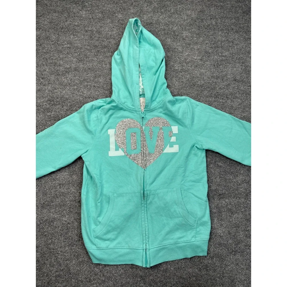 The Children's Place Girls XL 14 Teal Blue LOVE Glitter Zip Up Hoodie Sweatshirt